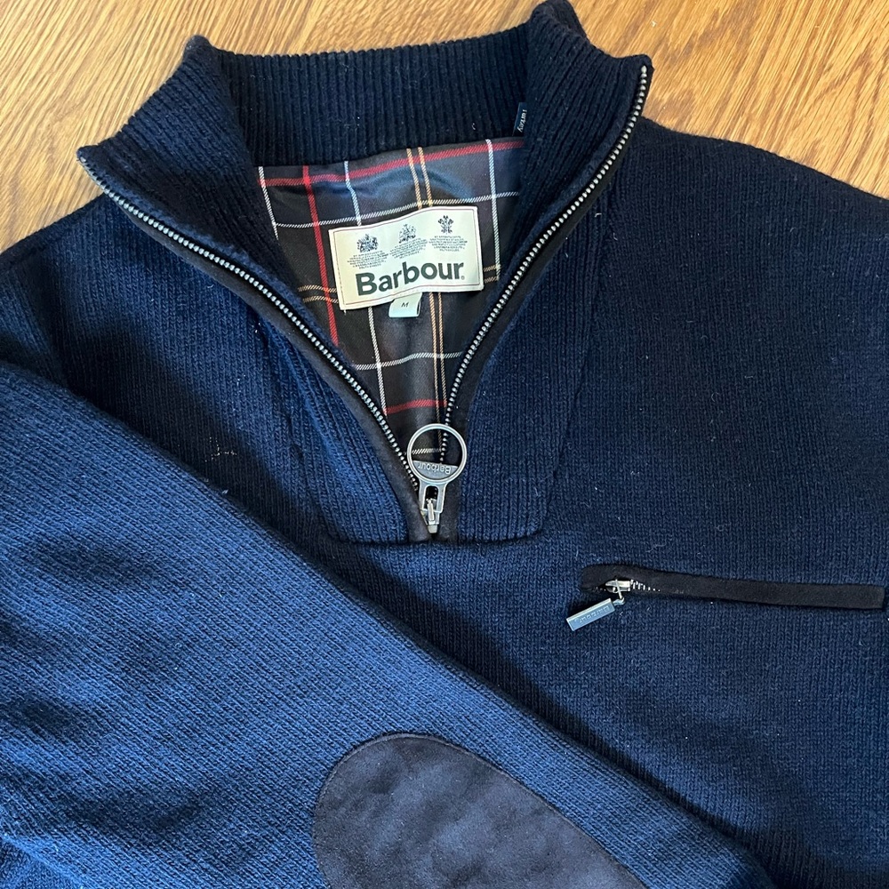 Barbour Heavy sweater.  Navy- zip up.  Elbow patches